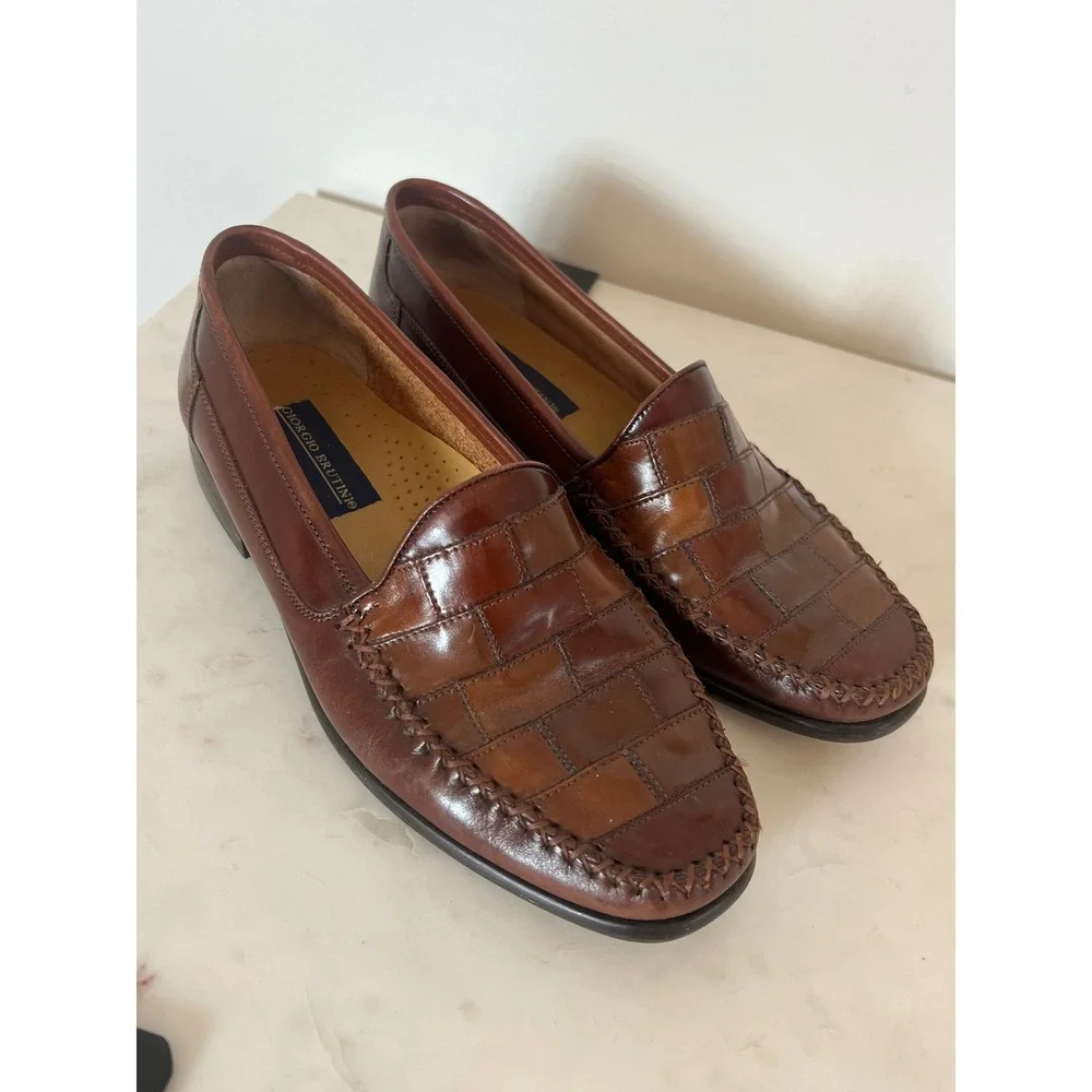 Giorgio Brutini Mens Brown Leather Woven Patchwork Moc Toe Loafers Size 8.5